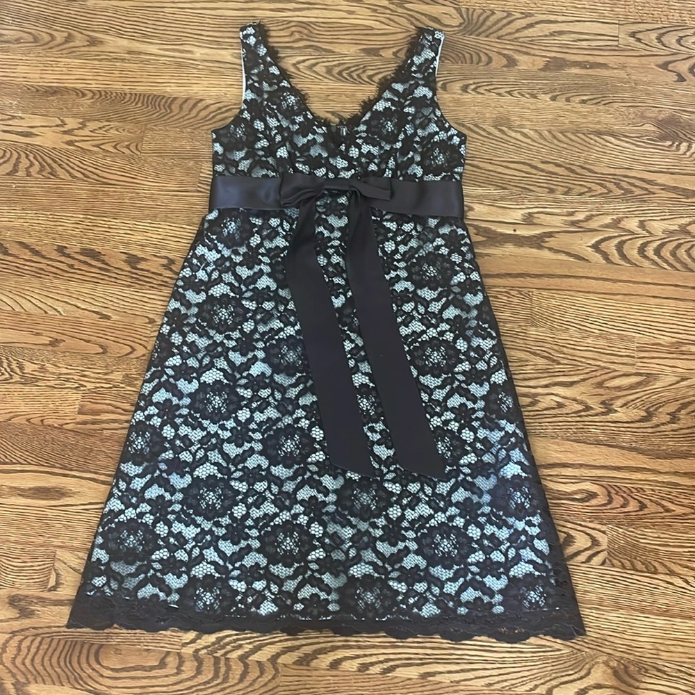 Cold water Creek knee length satin lace dress dark brown and light blue